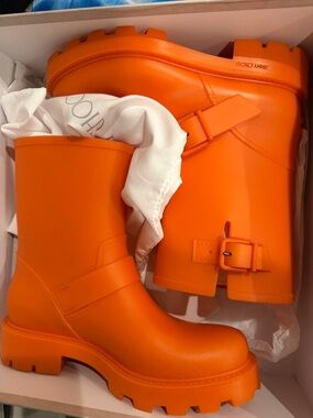 Jimmy Choo Bright Orange Lug-Soled Rubber Boots